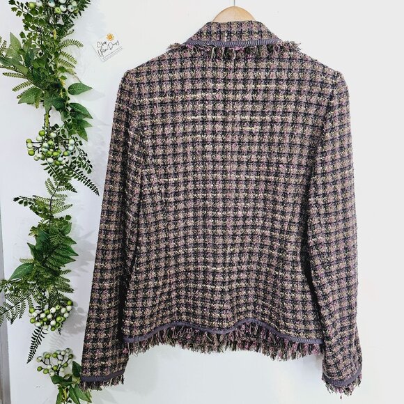 Anthracite Tweed Womens Jacket Sz 10 Black Pink Fringed Edges Hook Closure《896》J - Picture 2 of 7